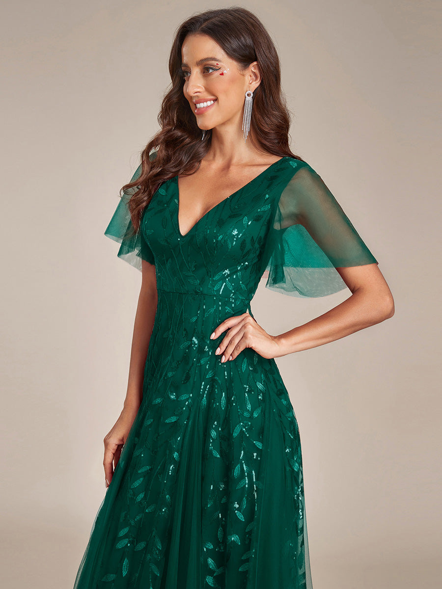 Shimmery V Neck Ruffle Sleeves Sequin Maxi Long Evening Dress #color_Dark Green