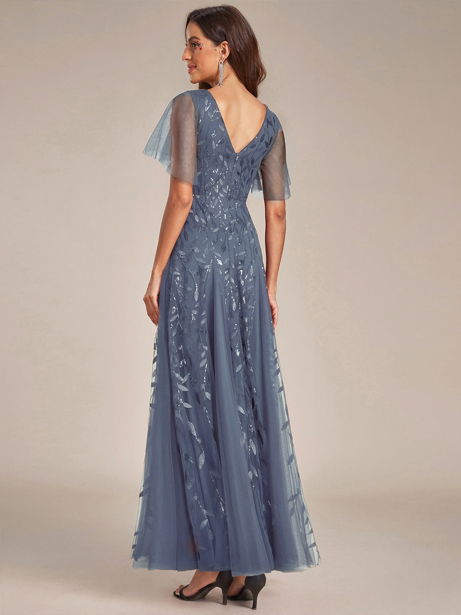 Shimmery V Neck Ruffle Sleeves Sequin Maxi Long Evening Dress #color_Dusty Blue