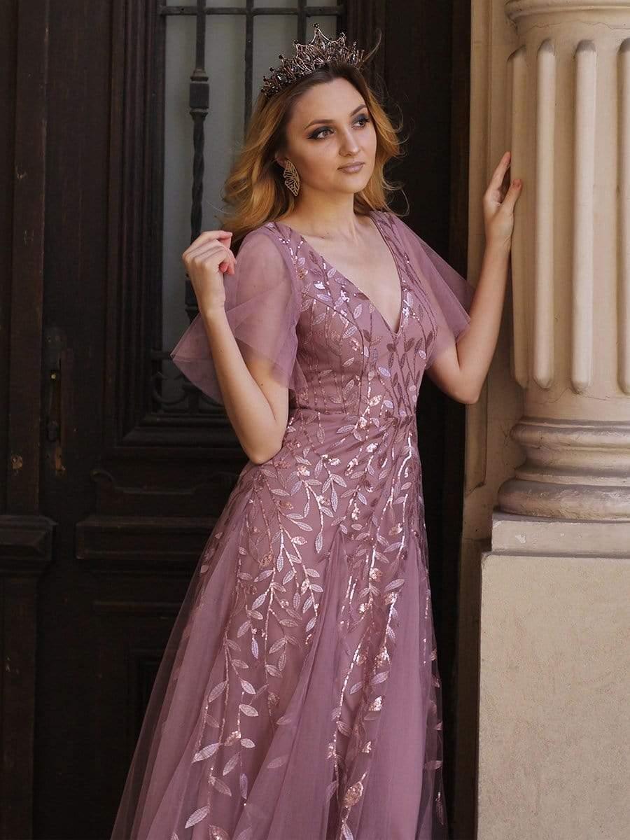 Shimmery V Neck Ruffle Sleeves Sequin Maxi Long Evening Dress #color_Purple Orchid