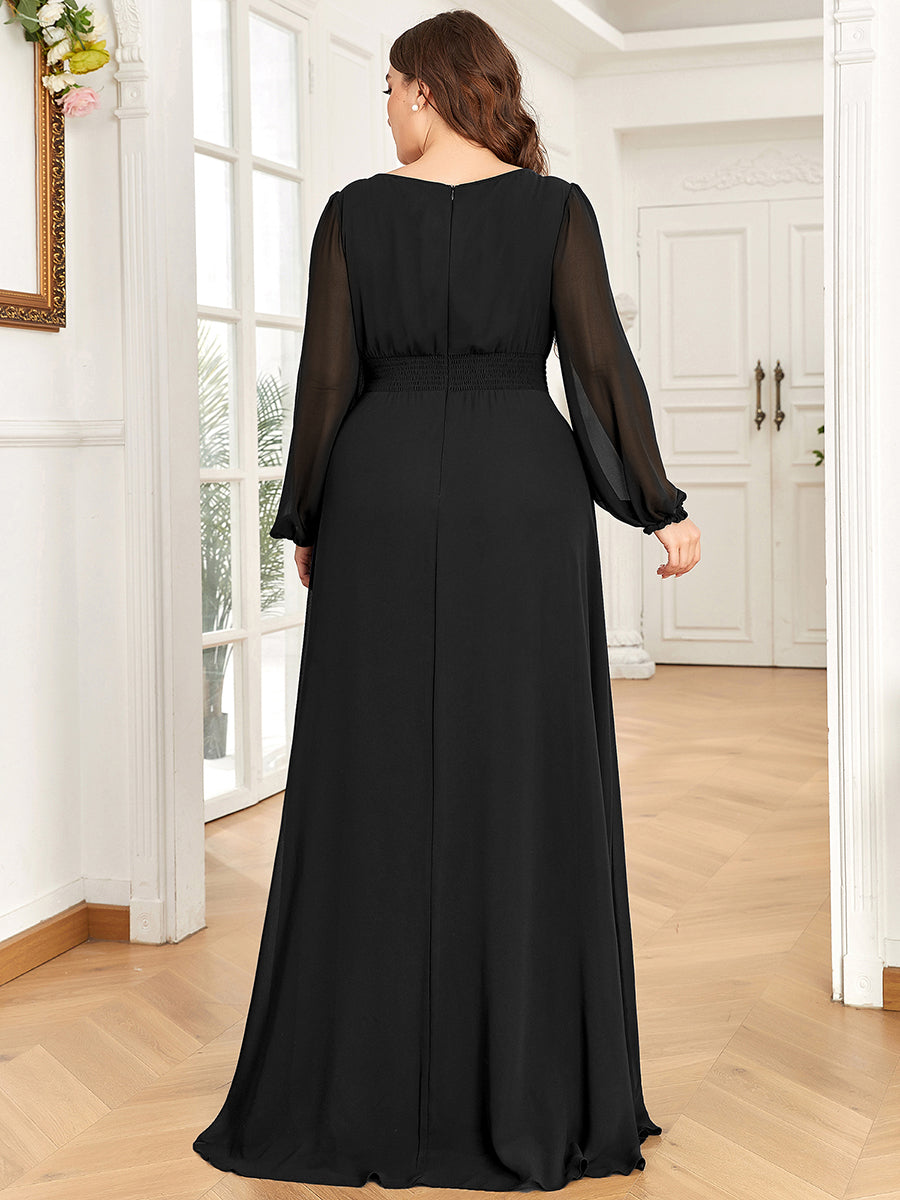 See-Througth Puff Sleeve Chiffon Plus Size Bridesmaid Dress #color_Black