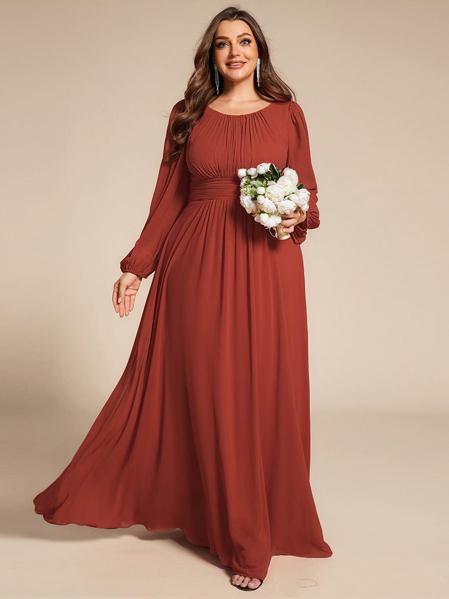See-Througth Puff Sleeve Chiffon Plus Size Bridesmaid Dress #color_Vermilion