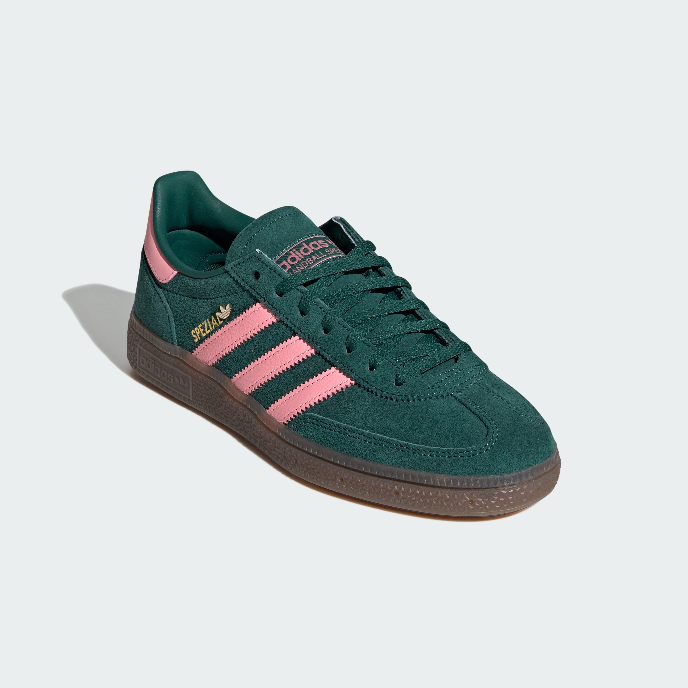 HANDBALL SPEZIAL SHOES — Collegiate Green / Pink Spark / Gold Metallic — Front Lateral Top View