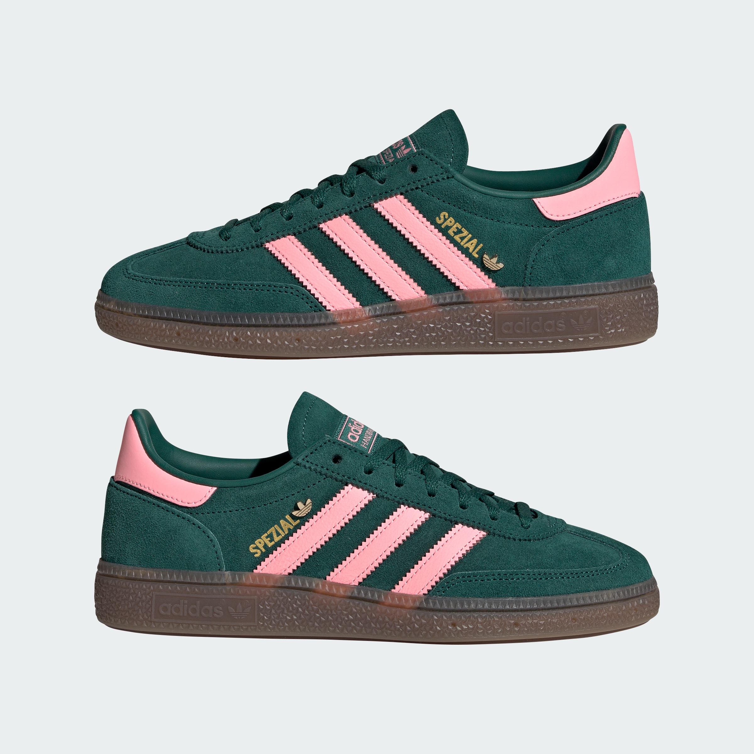 HANDBALL SPEZIAL SHOES — Collegiate Green / Pink Spark / Gold Metallic — Mirrored Pair View