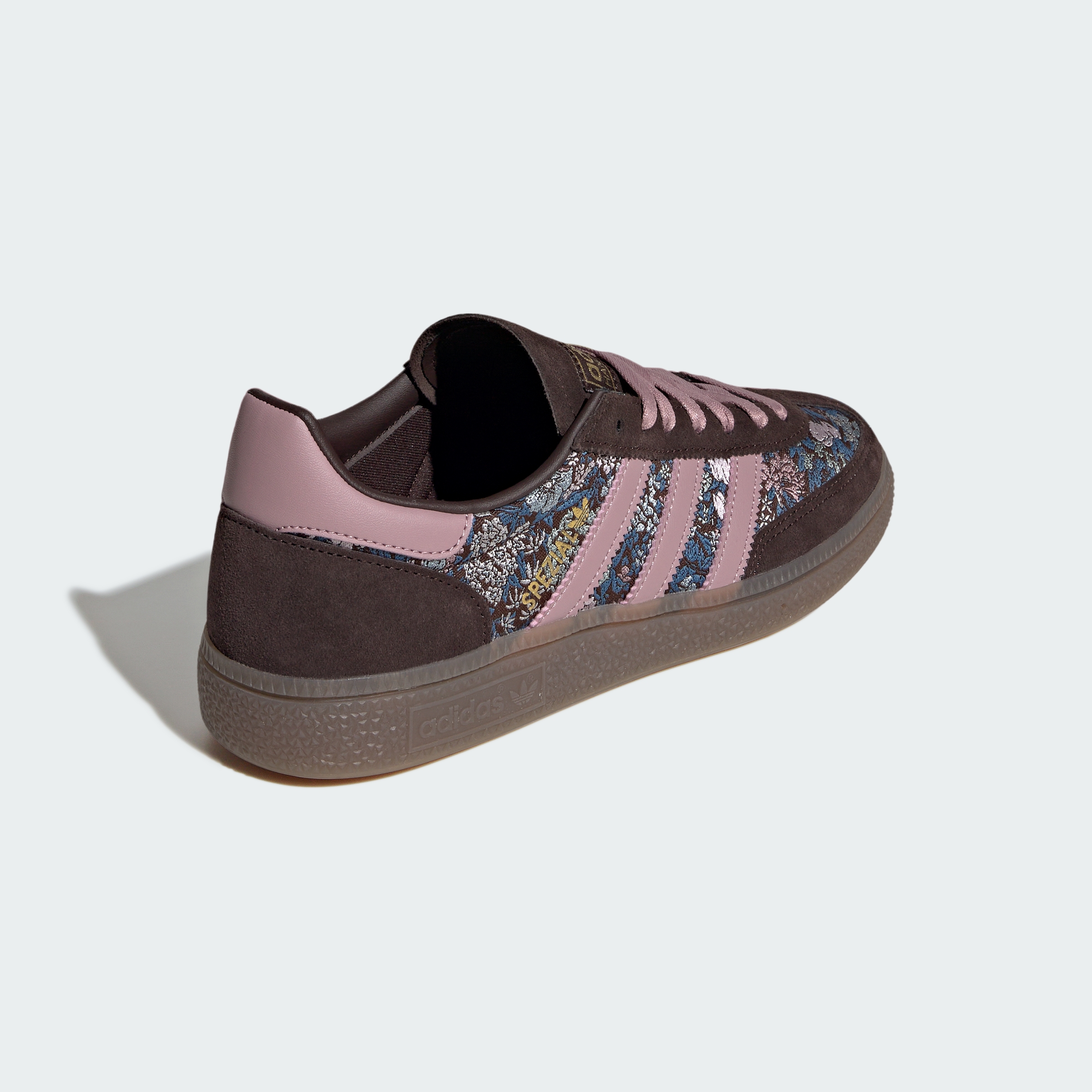 HANDBALL SPEZIAL x LIBERTY LONDON SHOES — Aurora Coffee / Magic Mauve / Gum — Back Lateral Top View