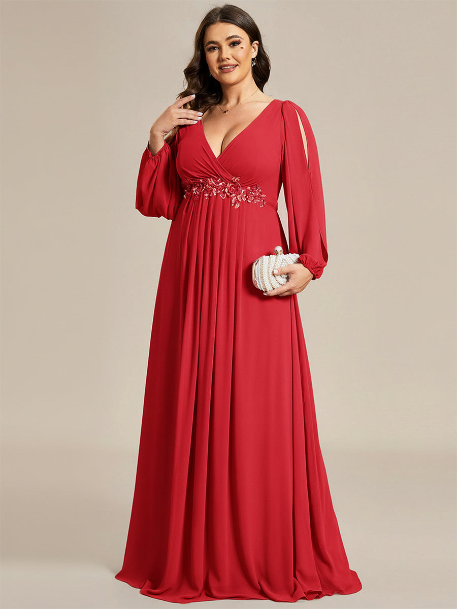 Stylish Plus Size Chiffon Formal Evening Dresses with Long Lantern Sleeves #color_Red