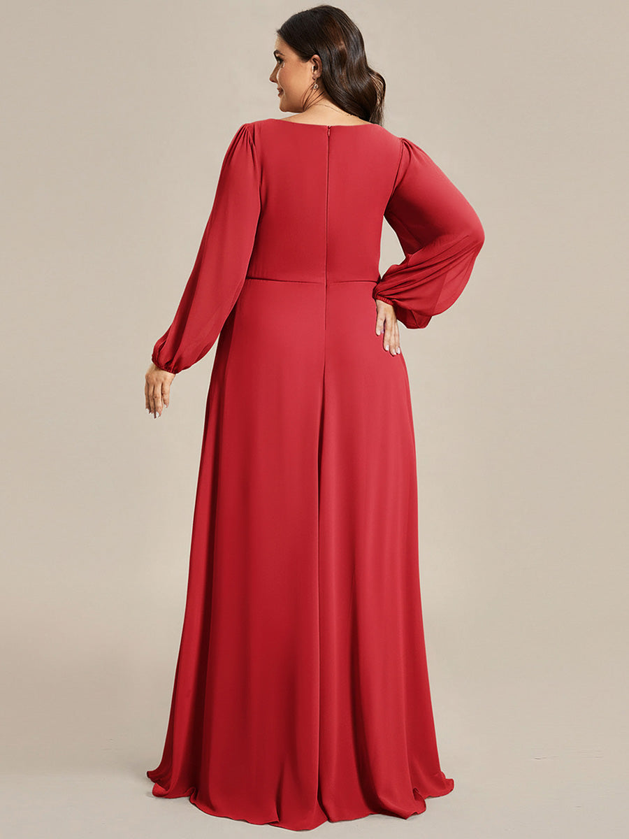 Stylish Plus Size Chiffon Formal Evening Dresses with Long Lantern Sleeves #color_Red