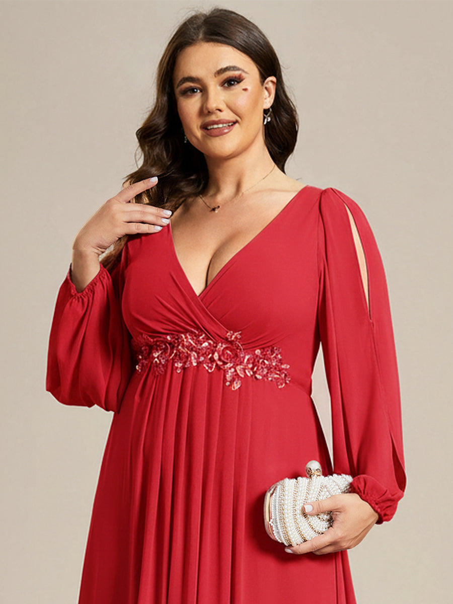 Stylish Plus Size Chiffon Formal Evening Dresses with Long Lantern Sleeves #color_Red