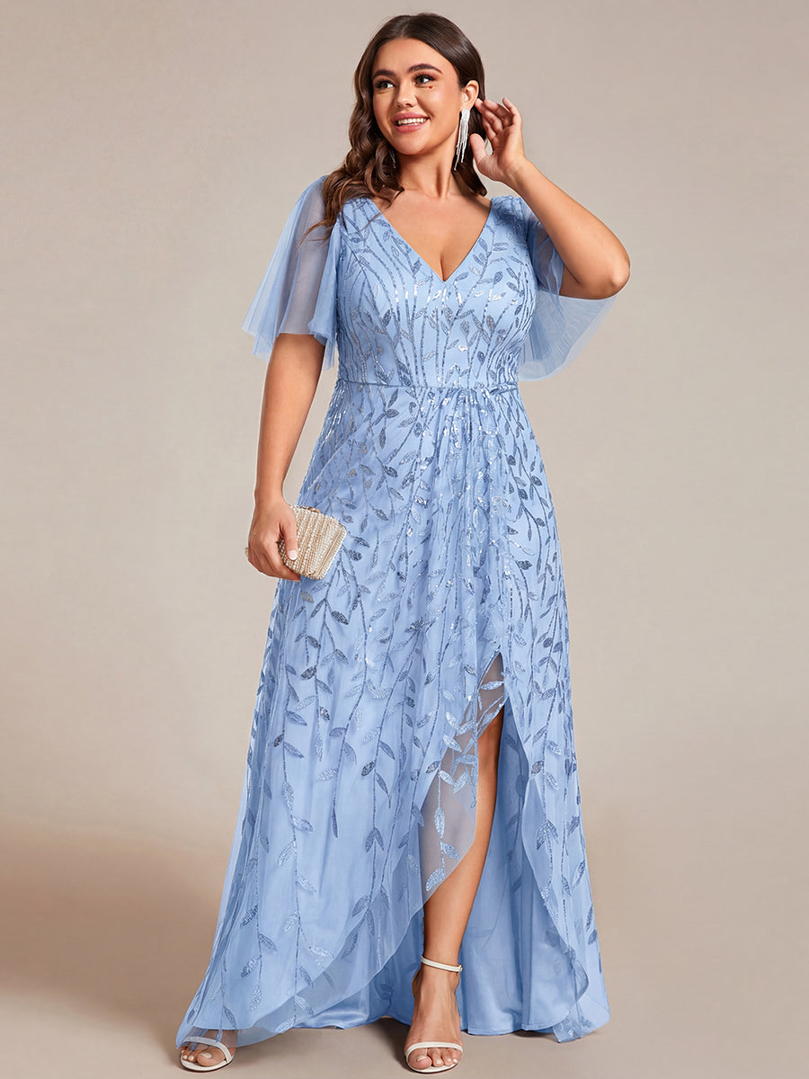 Plus Size Short Sleeves Sequin High Low V-Neck Midi Formal Evening Dress #color_Sky Blue