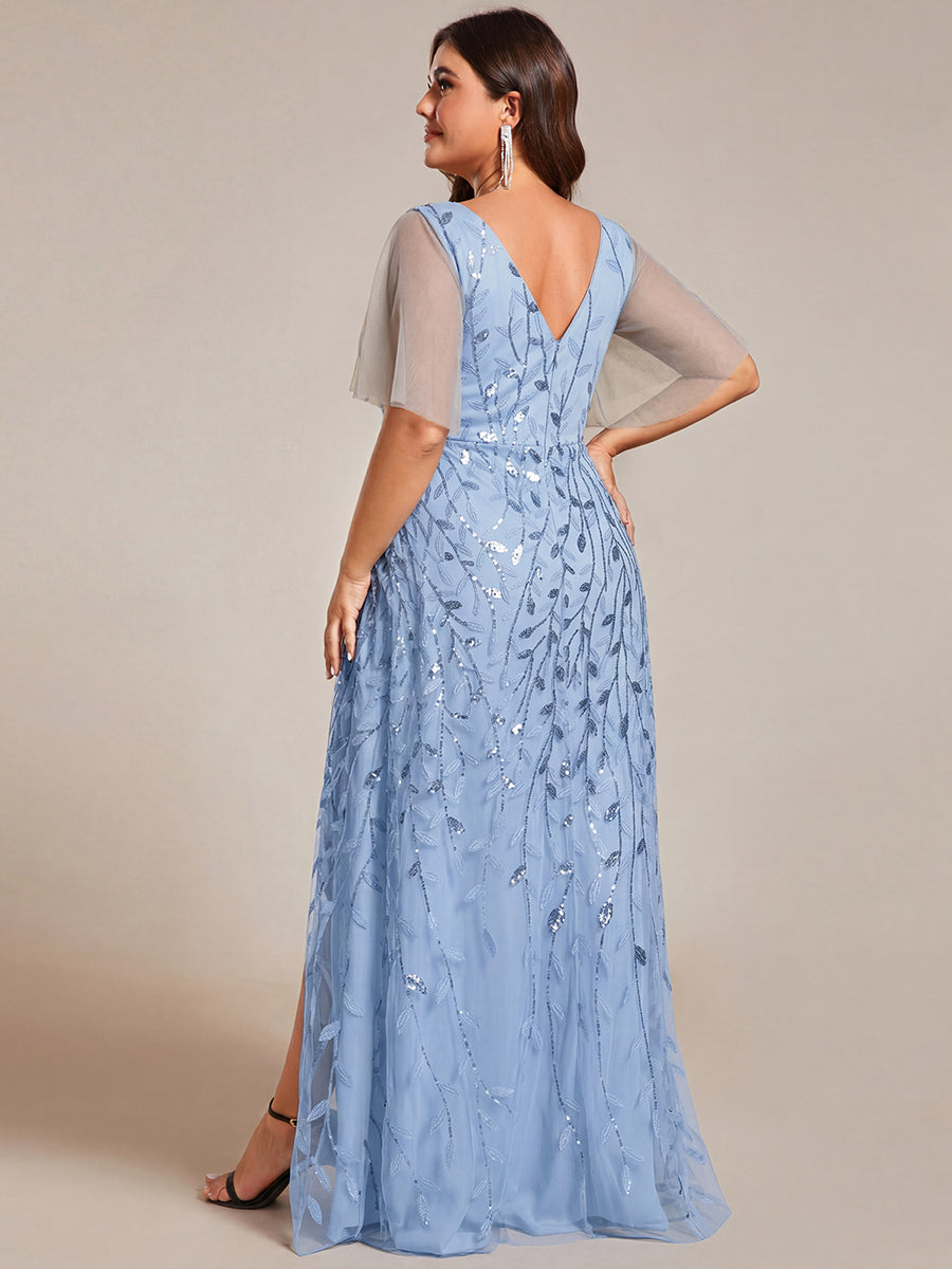 Plus Size Short Sleeves Sequin High Low V-Neck Midi Formal Evening Dress #color_Sky Blue