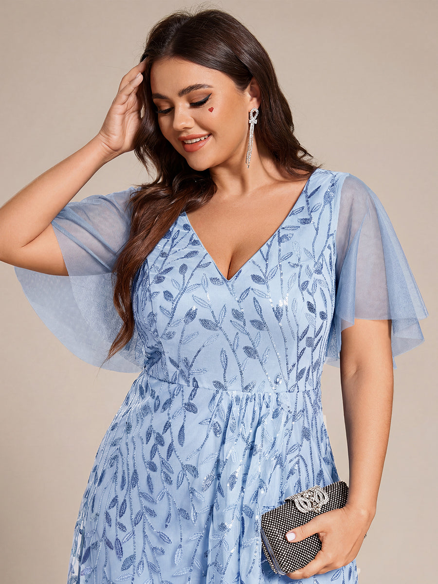 Plus Size Short Sleeves Sequin High Low V-Neck Midi Formal Evening Dress #color_Sky Blue