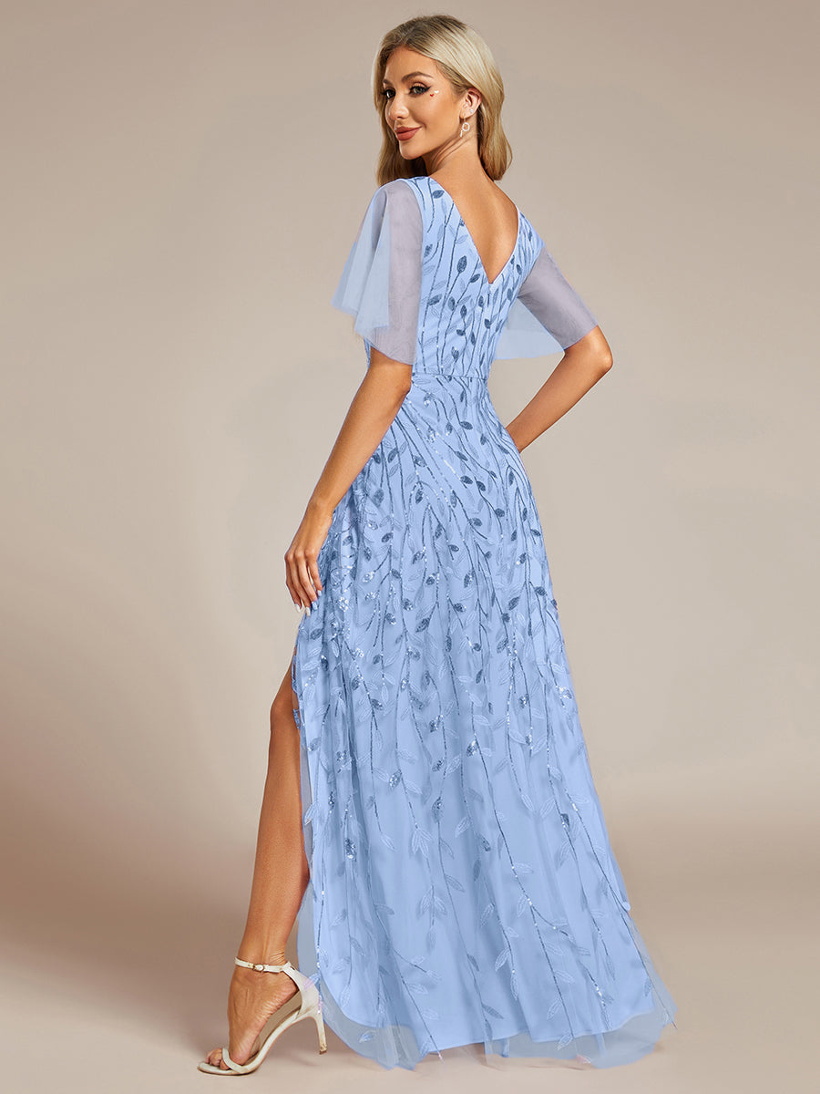 Short Sleeves Sequin High Low V-Neck Midi Formal Evening Dress #color_Sky Blue