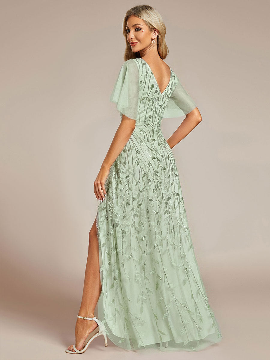 Short Sleeves Sequin High Low V-Neck Midi Formal Evening Dress #color_Mint Green