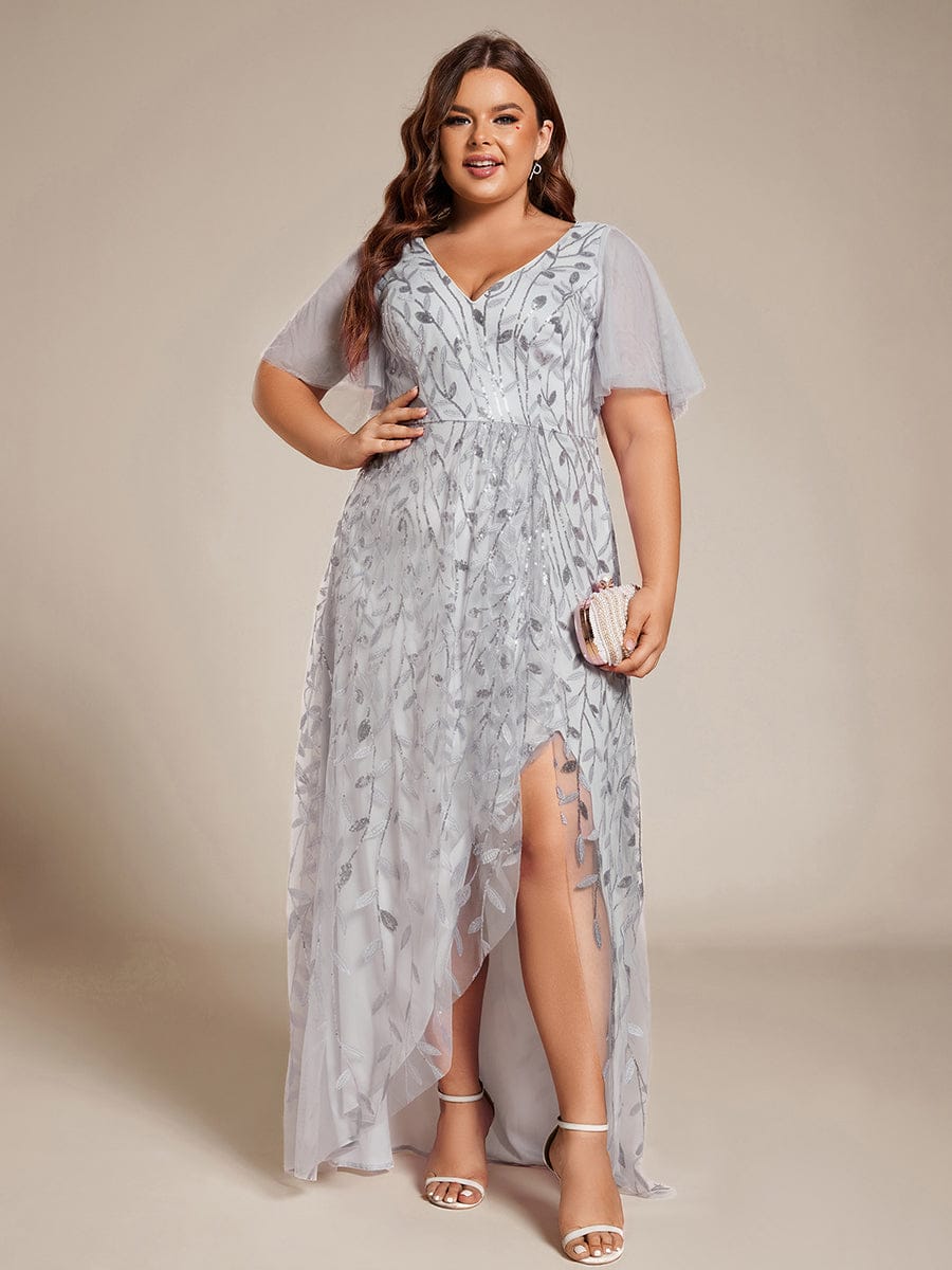 Plus Size Short Sleeves Sequin High Low V-Neck Midi Formal Evening Dress #color_Silver