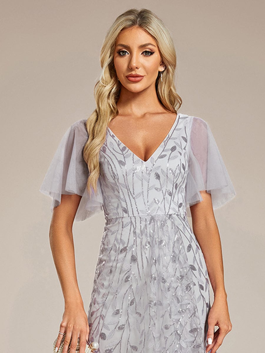 Short Sleeves Sequin High Low V-Neck Midi Formal Evening Dress #color_Silver