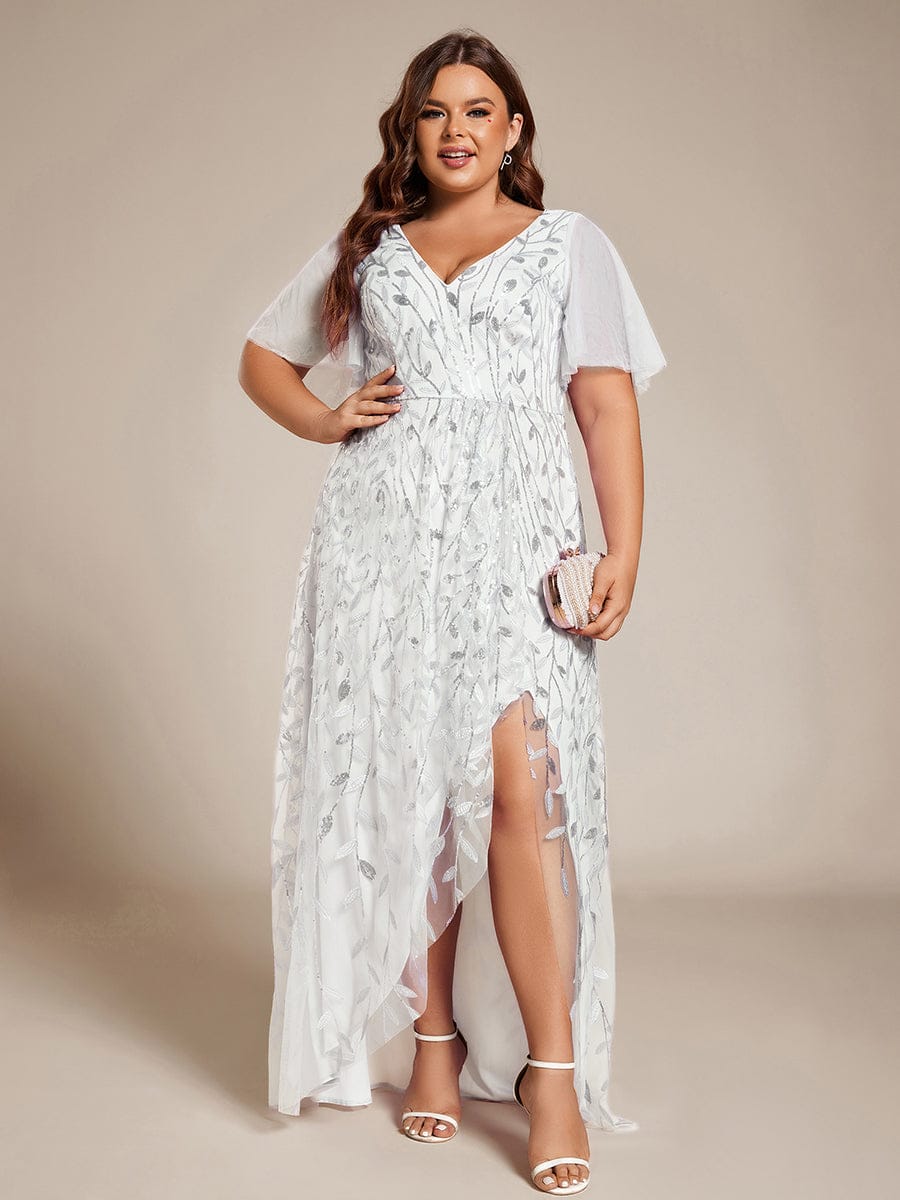 Plus Size Short Sleeves Sequin High Low V-Neck Midi Formal Evening Dress #color_White