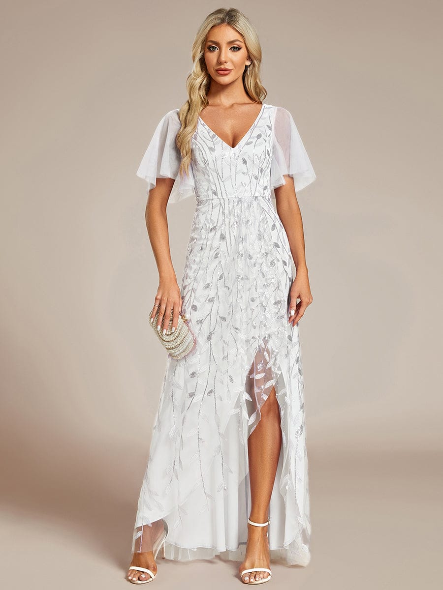 Short Sleeves Sequin High Low V-Neck Midi Formal Evening Dress #color_White