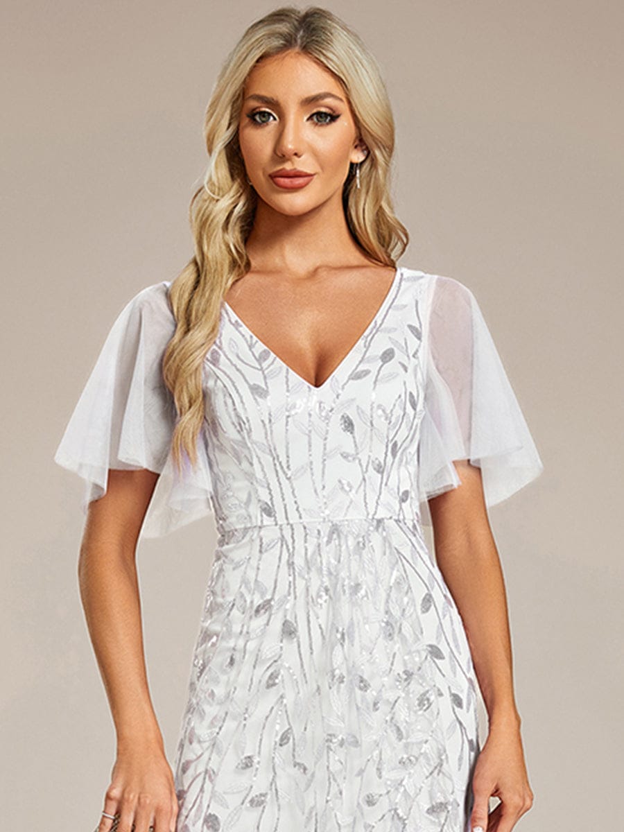 Short Sleeves Sequin High Low V-Neck Midi Formal Evening Dress #color_White
