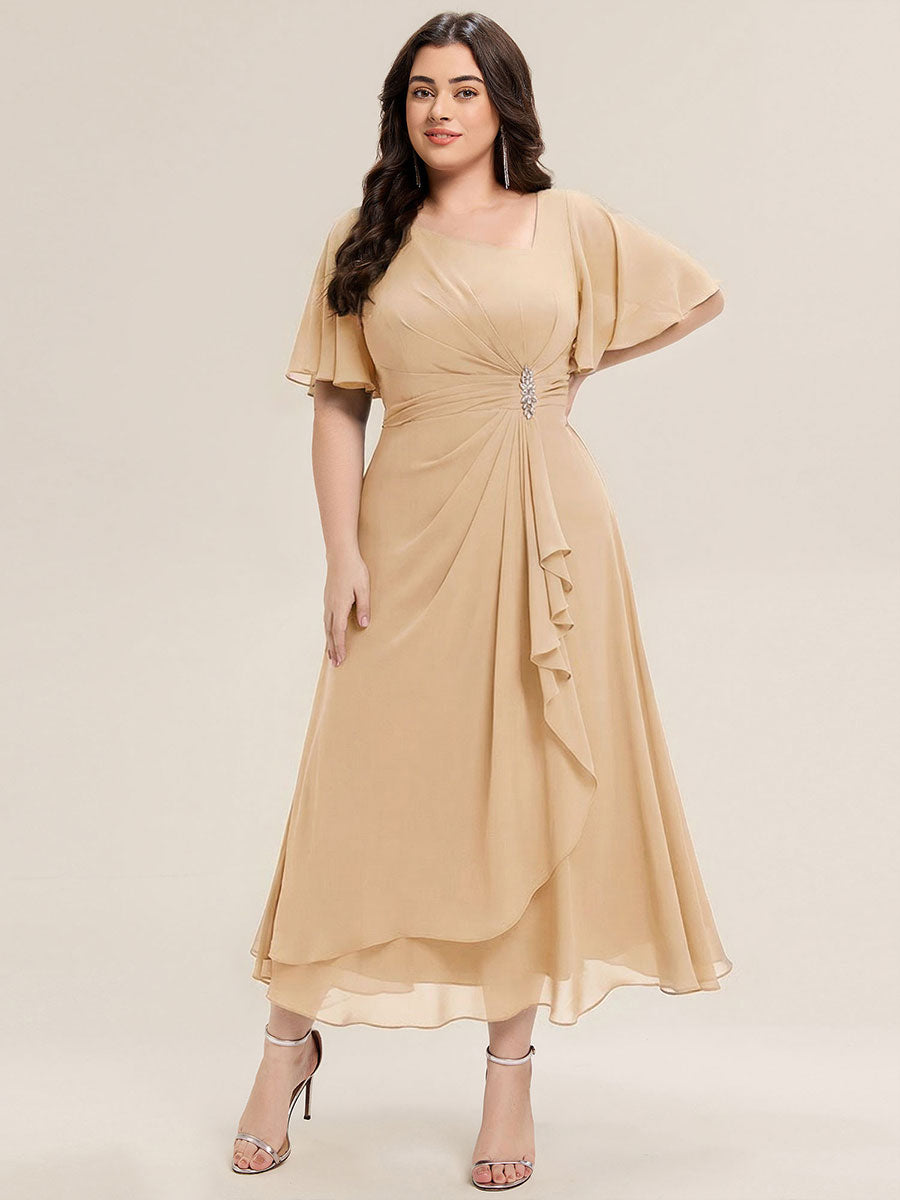 Plus Size Pleated Chiffon Ruffle Sleeve Midi Dress #color_Champagne