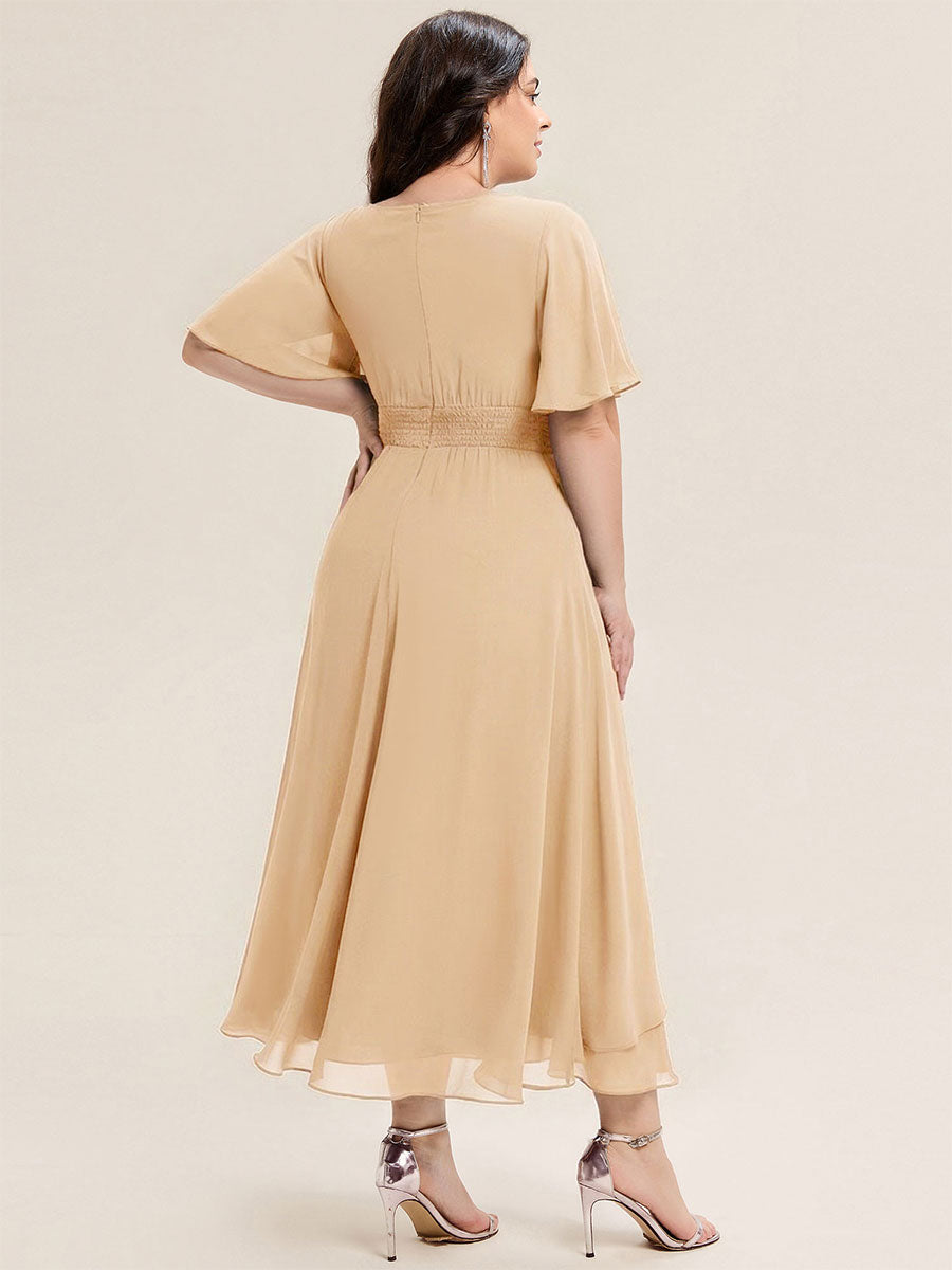 Plus Size Pleated Chiffon Ruffle Sleeve Midi Dress #color_Champagne