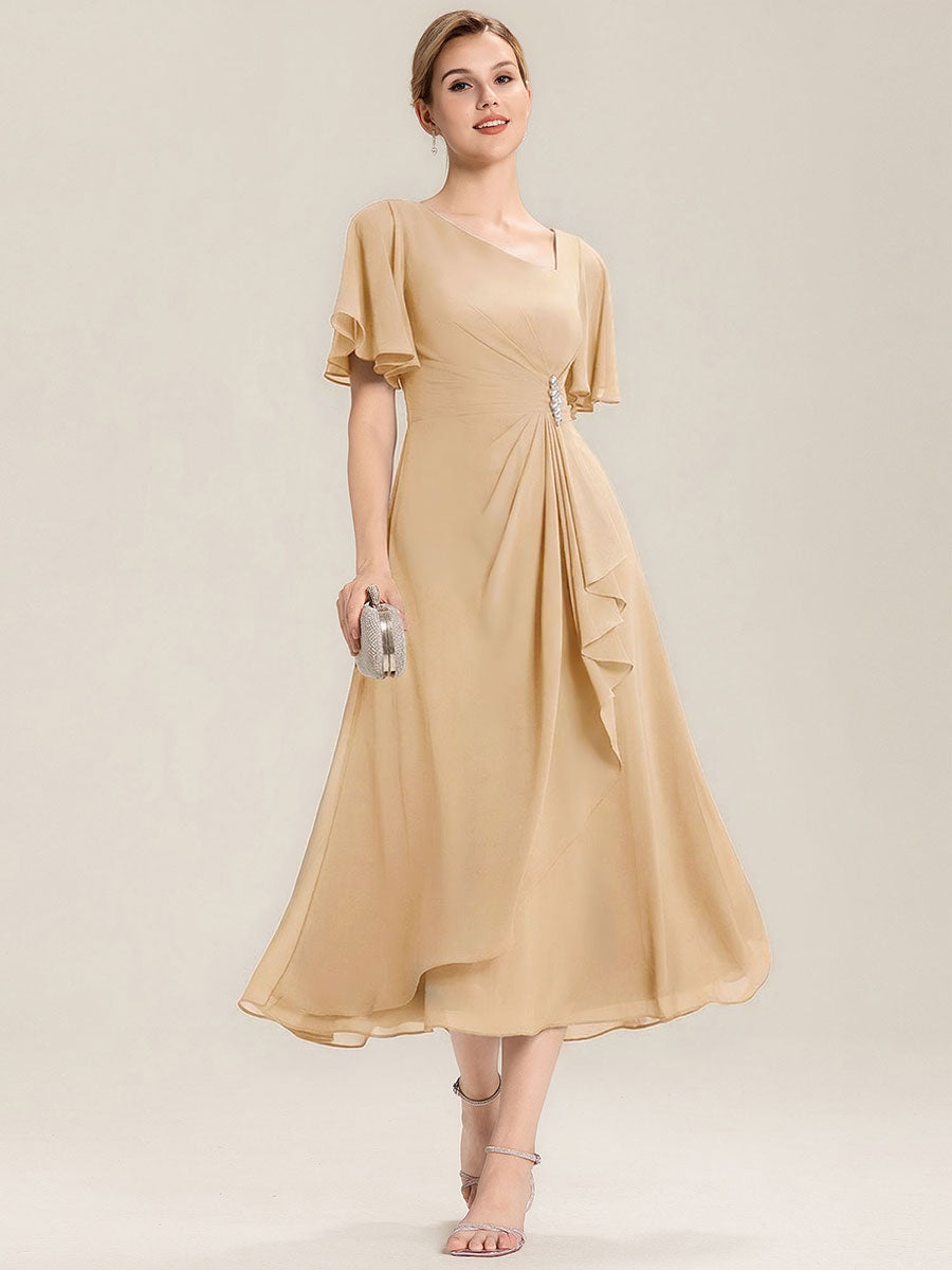 Pleated Chiffon Ruffle Sleeve Midi Dress #color_Champagne