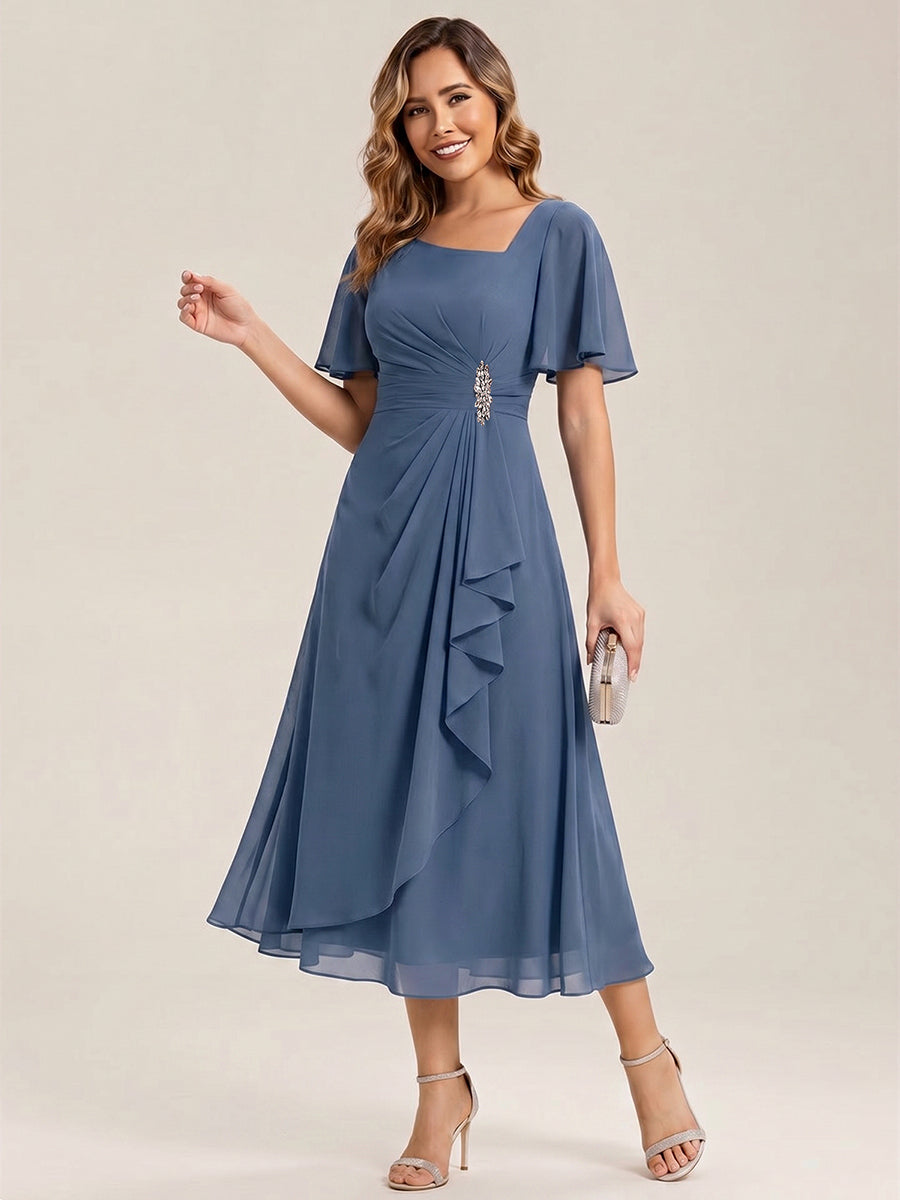 Pleated Chiffon Ruffle Sleeve Midi Dress #color_Dusty Blue