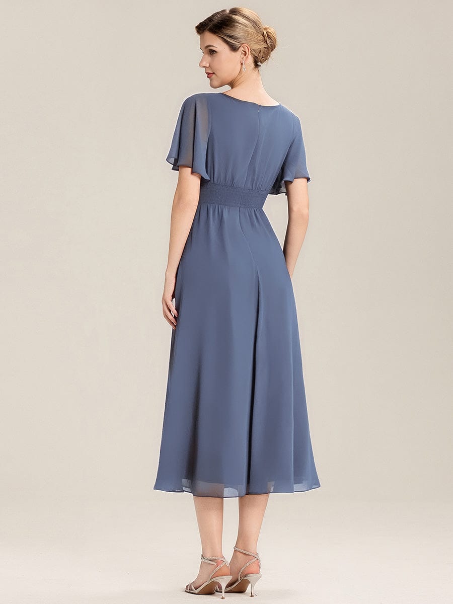 Pleated Chiffon Ruffle Sleeve Midi Dress #color_Dusty Blue