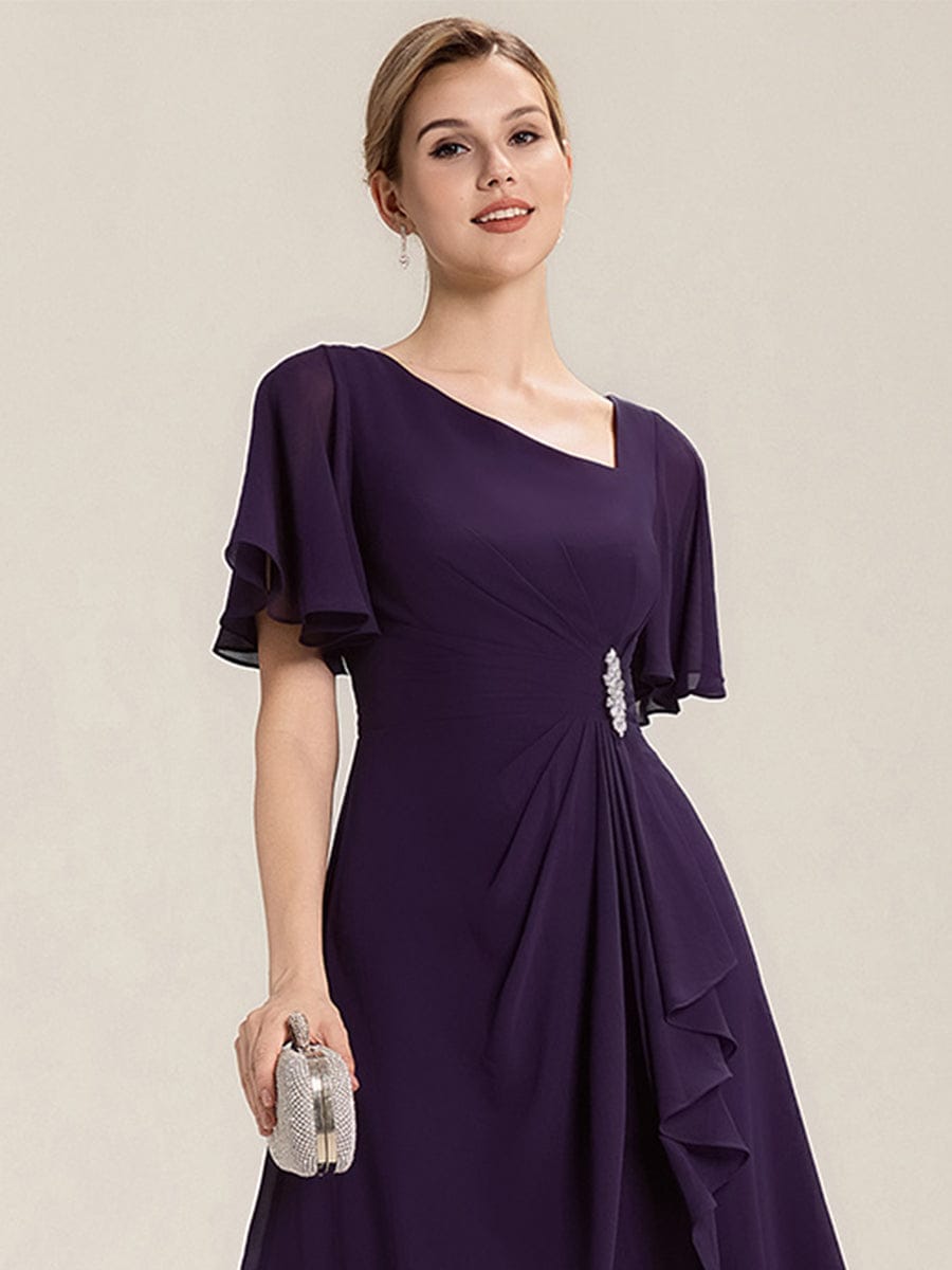 Plus Size Pleated Chiffon Ruffle Sleeve Midi Dress #color_Dark Purple