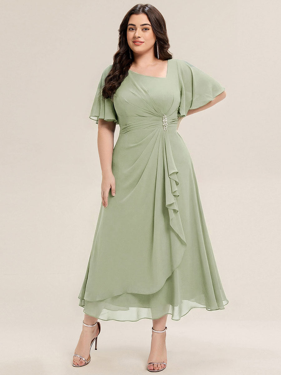 Plus Size Pleated Chiffon Ruffle Sleeve Midi Dress #color_Mint Green