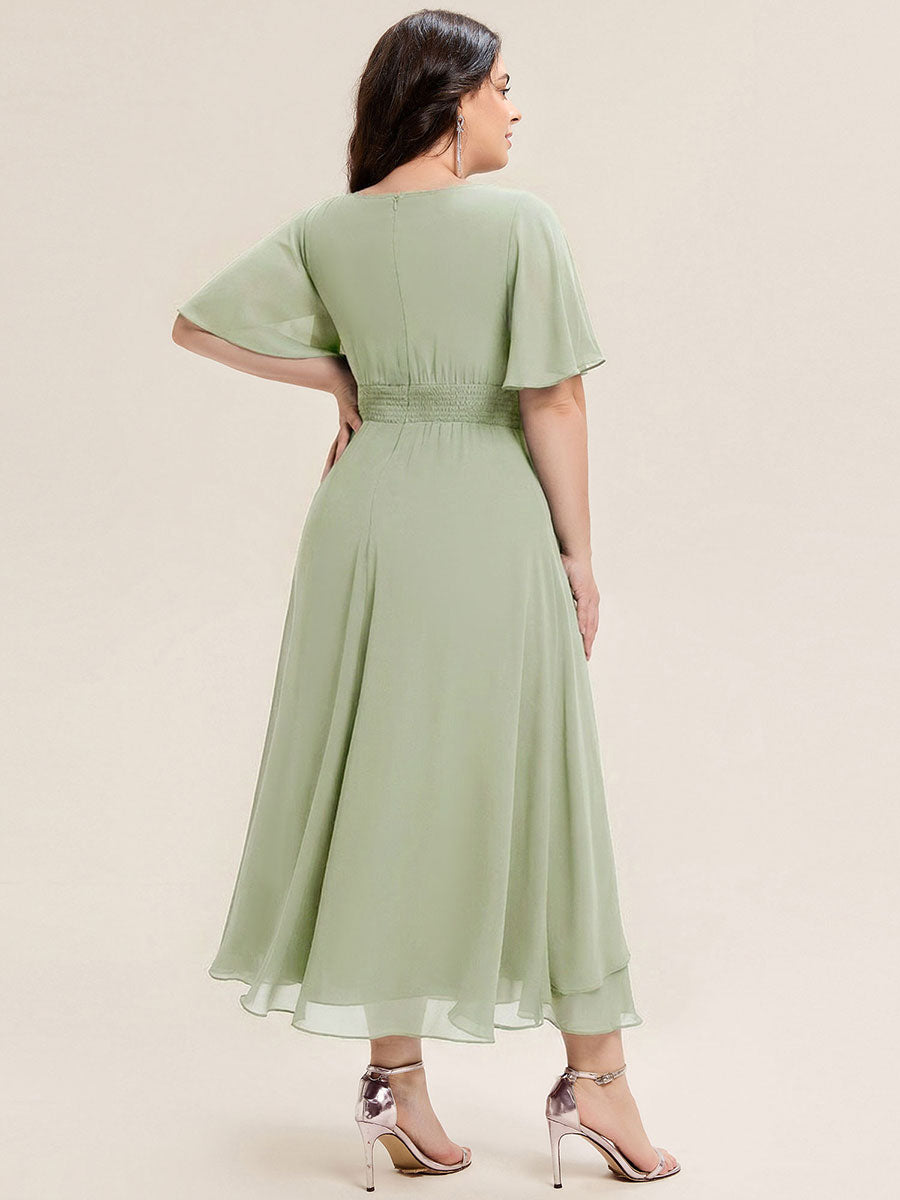 Plus Size Pleated Chiffon Ruffle Sleeve Midi Dress #color_Mint Green
