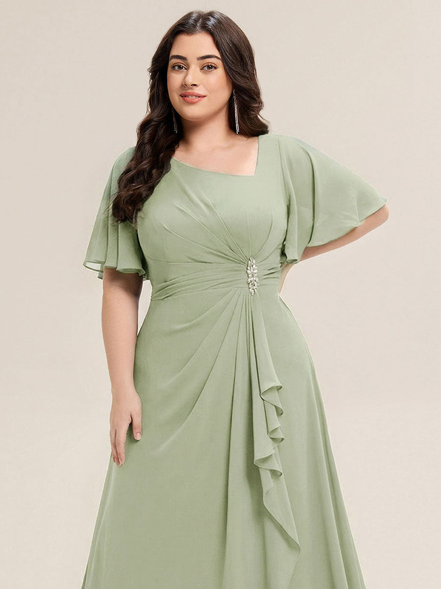 Plus Size Pleated Chiffon Ruffle Sleeve Midi Dress #color_Mint Green