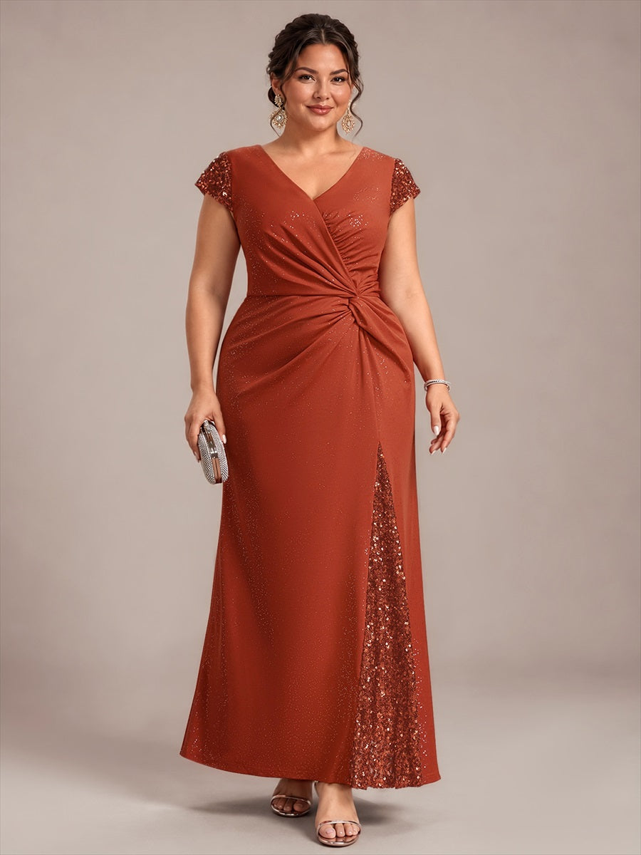 Knotted Knit Cap Sleeve Maxi Glitter Evening Dress #color_Burnt Orange