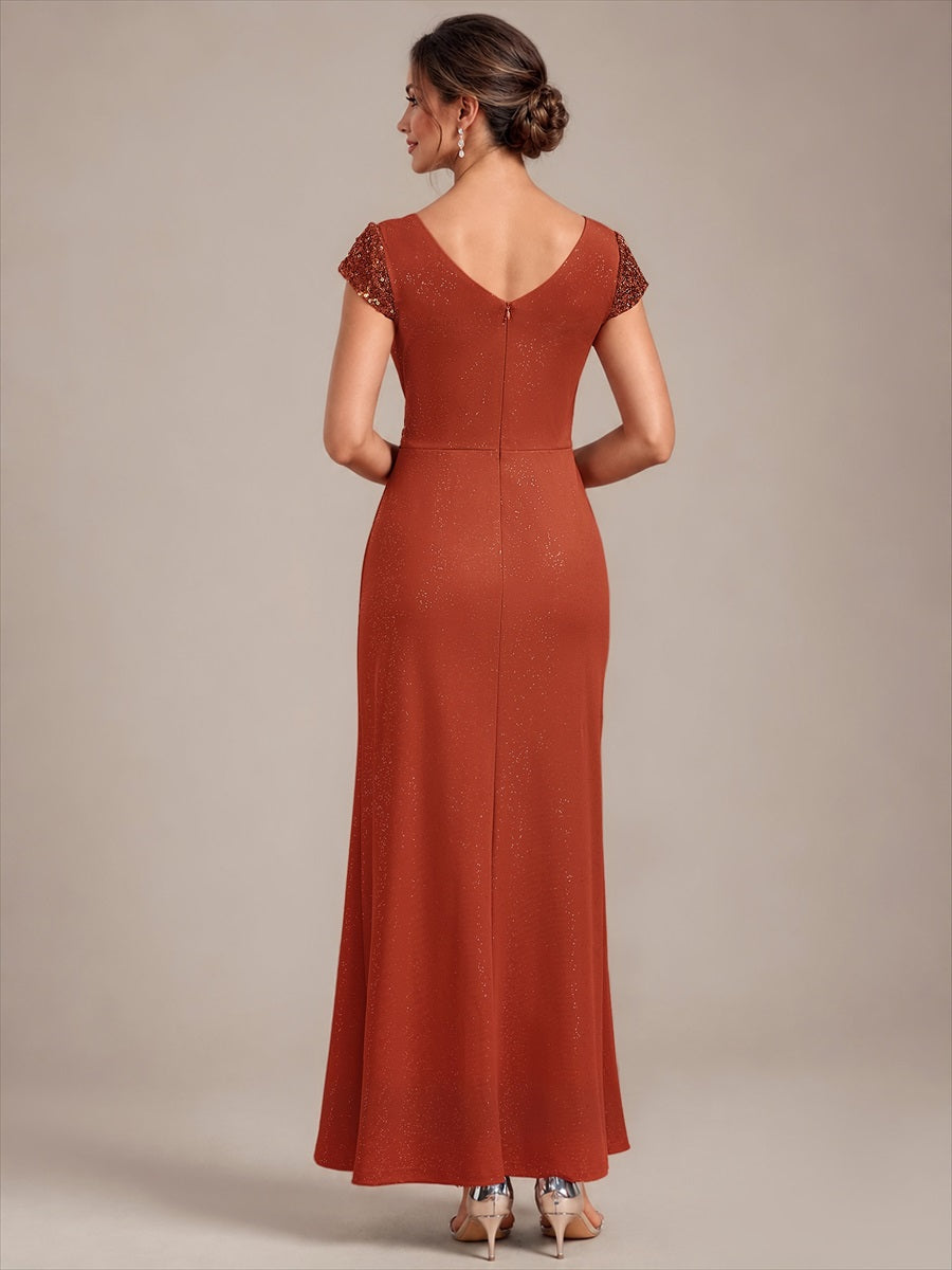 Knotted Knit Cap Sleeve Maxi Glitter Evening Dress #color_Burnt Orange