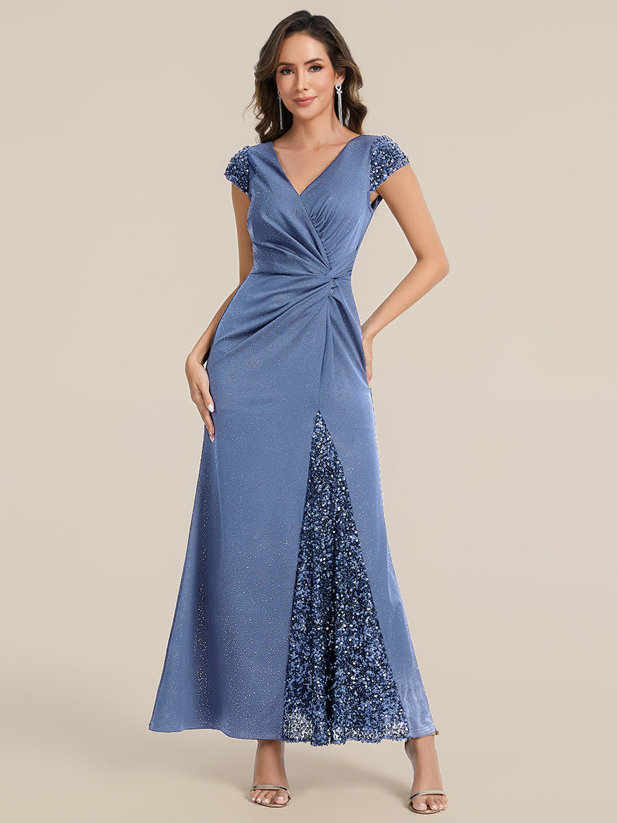 Knotted Knit Cap Sleeve Maxi Glitter Evening Dress #color_Dusty Blue