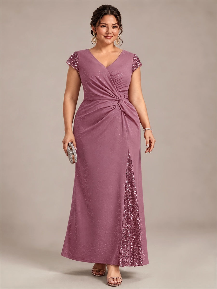 Knotted Knit Cap Sleeve Maxi Glitter Evening Dress #color_Purple Orchid