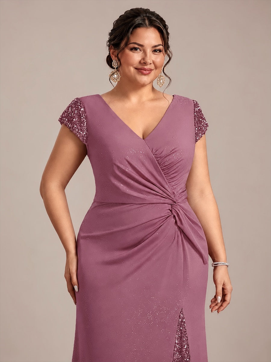 Knotted Knit Cap Sleeve Maxi Glitter Evening Dress #color_Purple Orchid