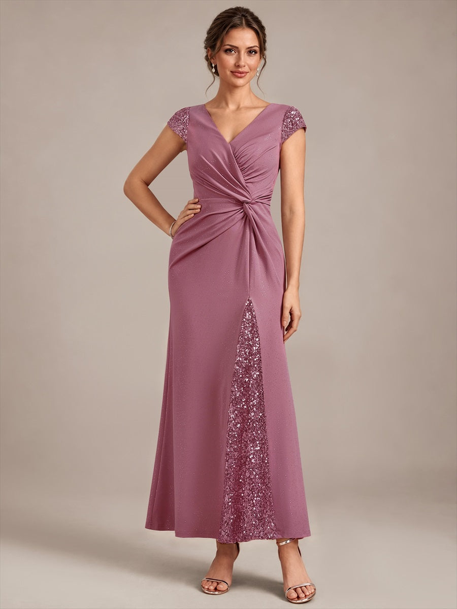 Knotted Knit Cap Sleeve Maxi Glitter Evening Dress #color_Purple Orchid