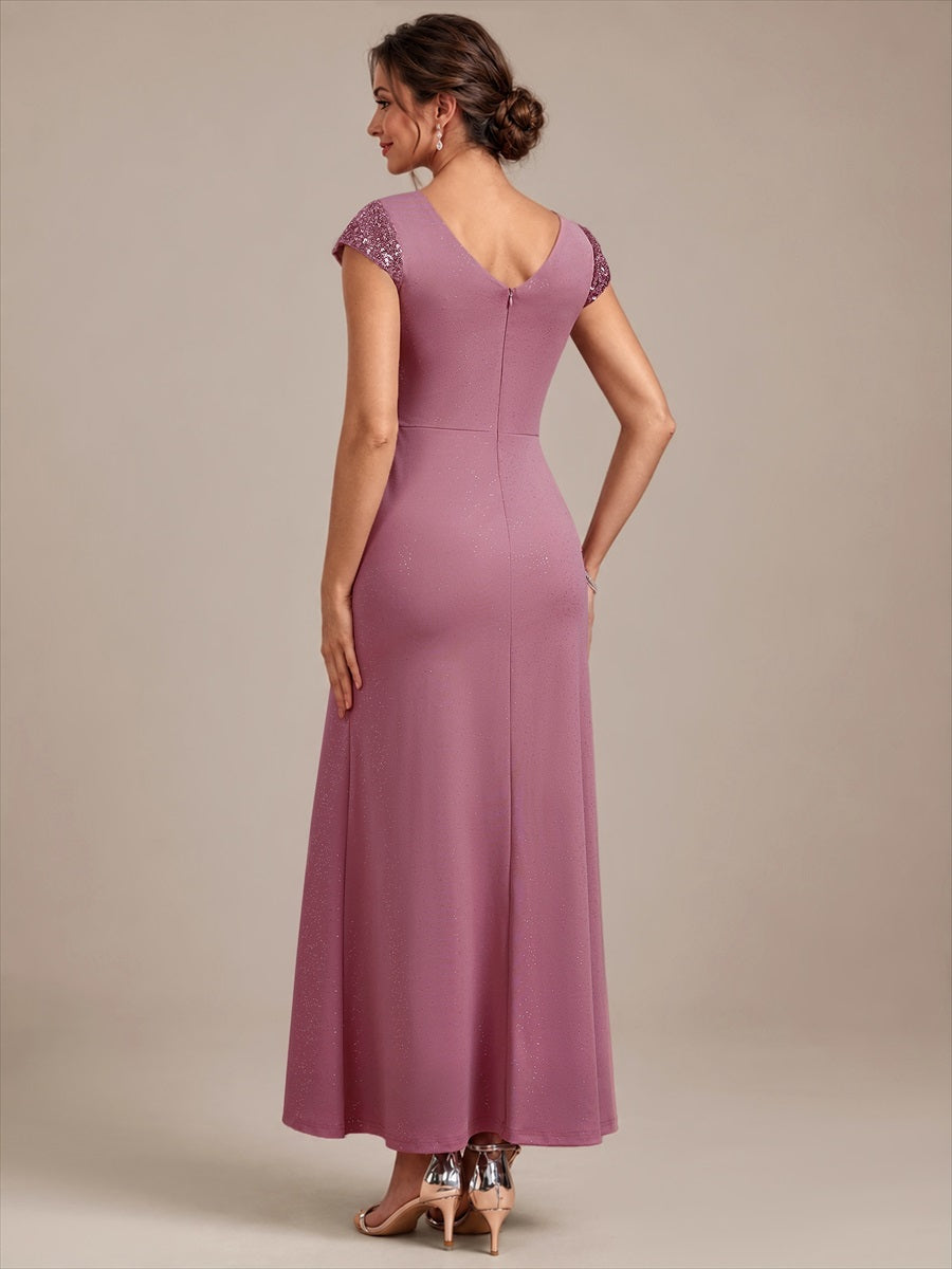 Knotted Knit Cap Sleeve Maxi Glitter Evening Dress #color_Purple Orchid