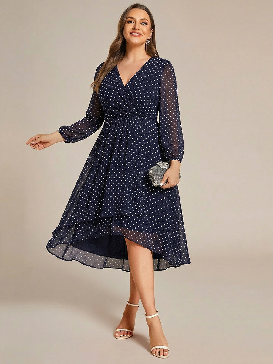 Long Sleeves Asymmetrical Hem A-Line Midi Wedding Guest Dress #color_Navy Blue Polka Dots
