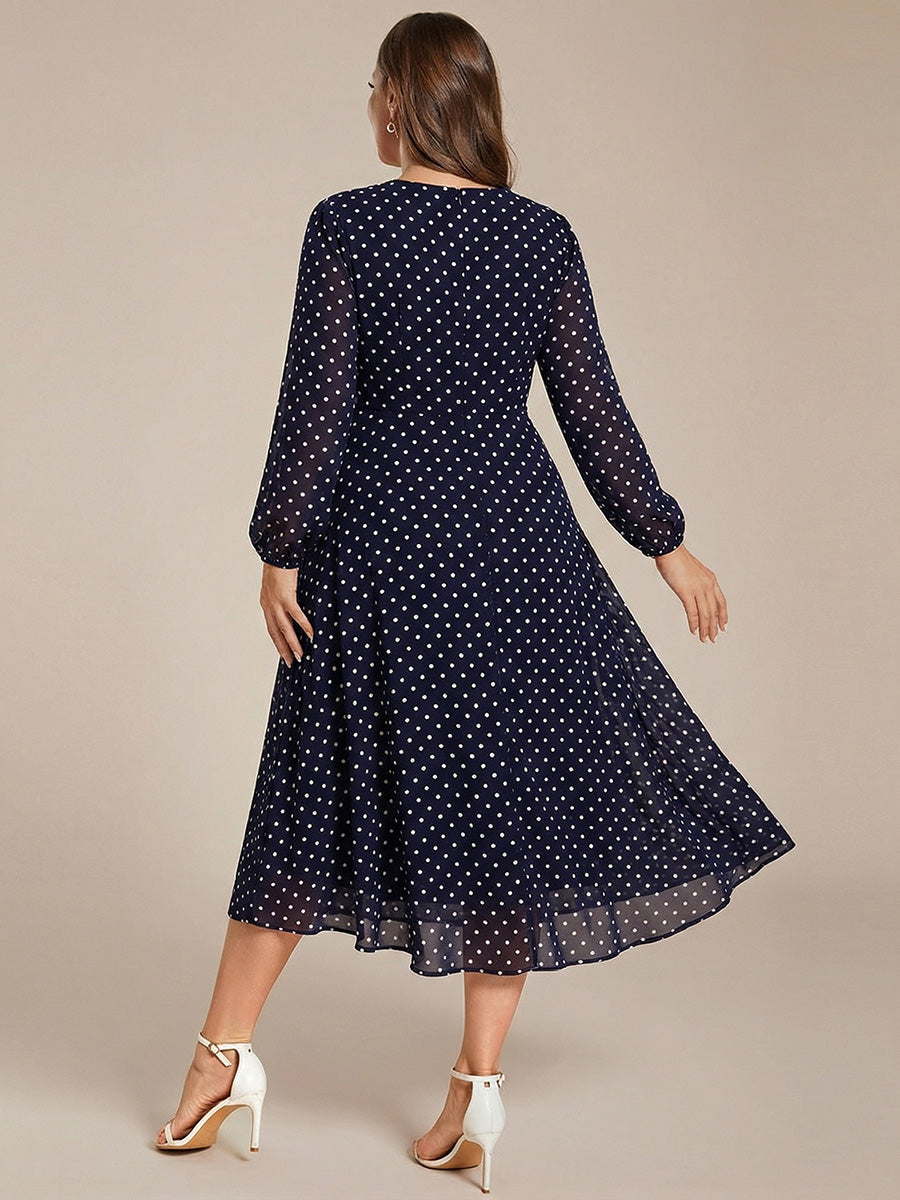 Long Sleeves Asymmetrical Hem A-Line Midi Wedding Guest Dress #color_Navy Blue Polka Dots