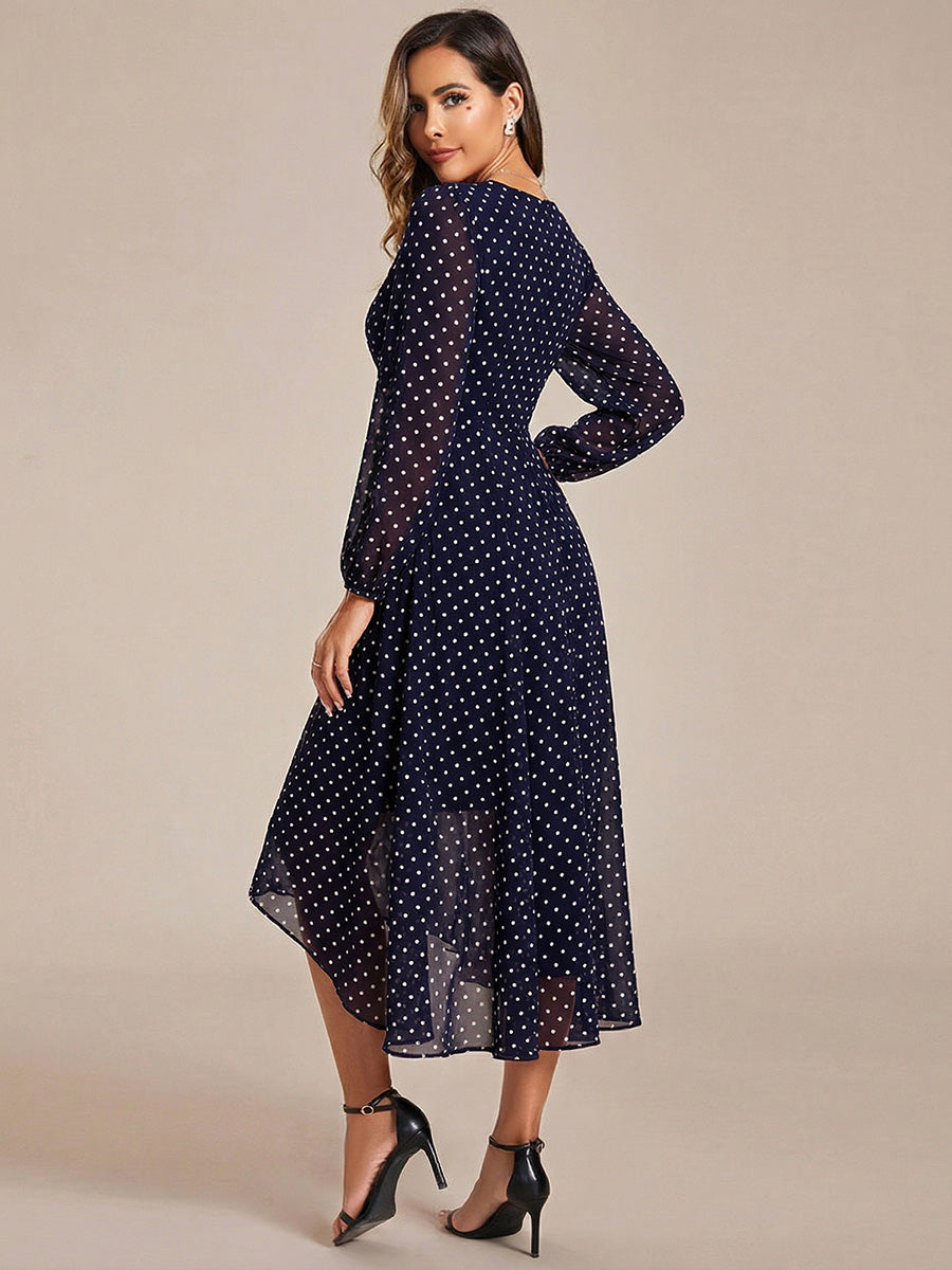 Long Sleeves Asymmetrical Hem A-Line Midi Wedding Guest Dress #color_Navy Blue Polka Dots