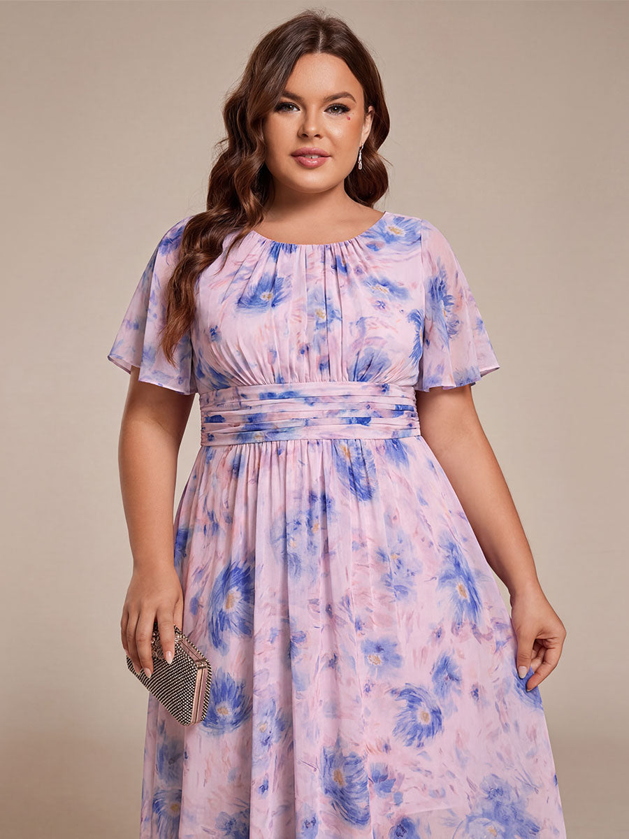 Plus Size Pleated Round Neckline A-Line Midi Chiffon Wedding Guest Dress #color_Azure Bream