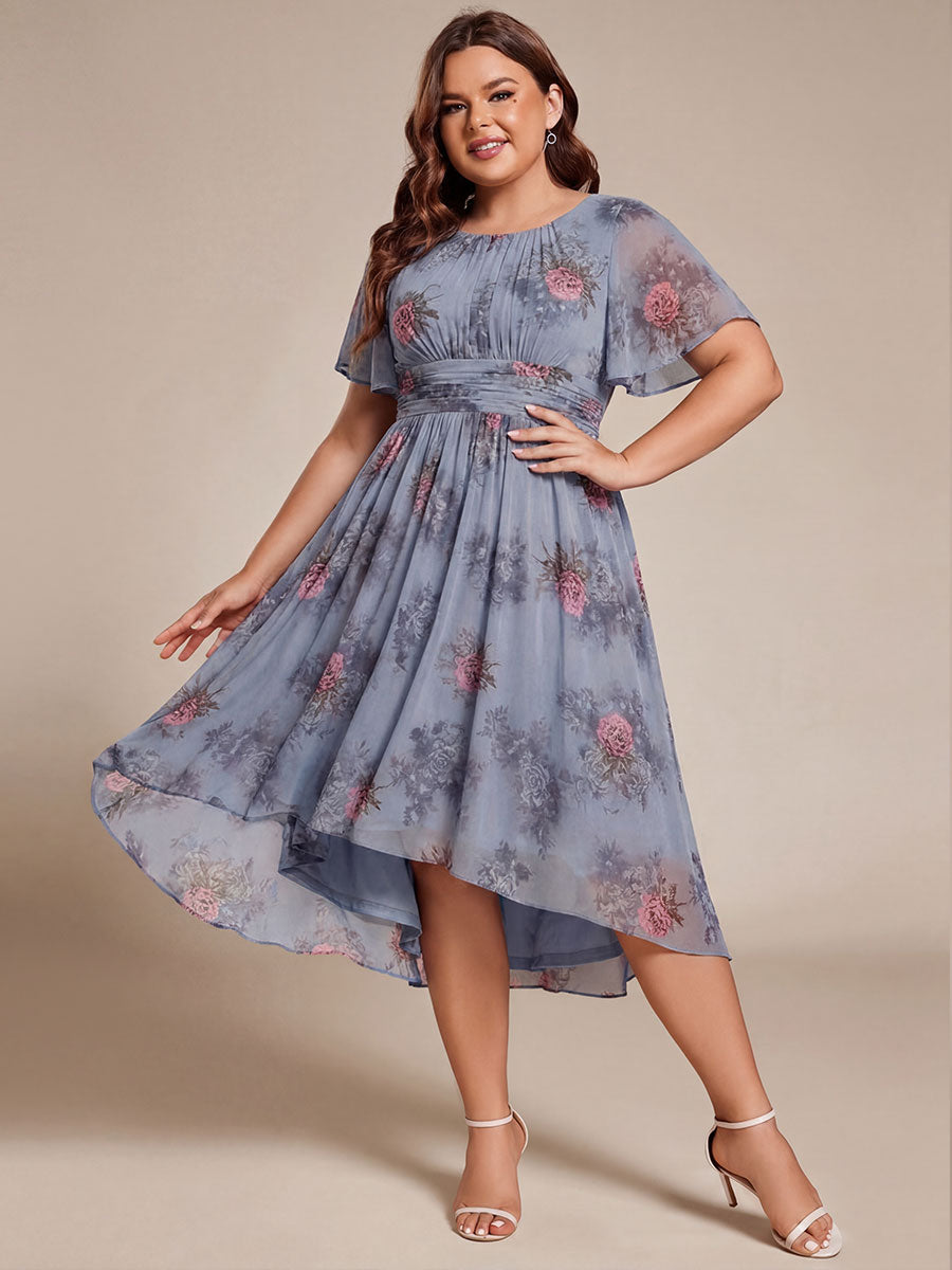 Plus Size Pleated Round Neckline A-Line Midi Chiffon Wedding Guest Dress #color_Dusty Peony