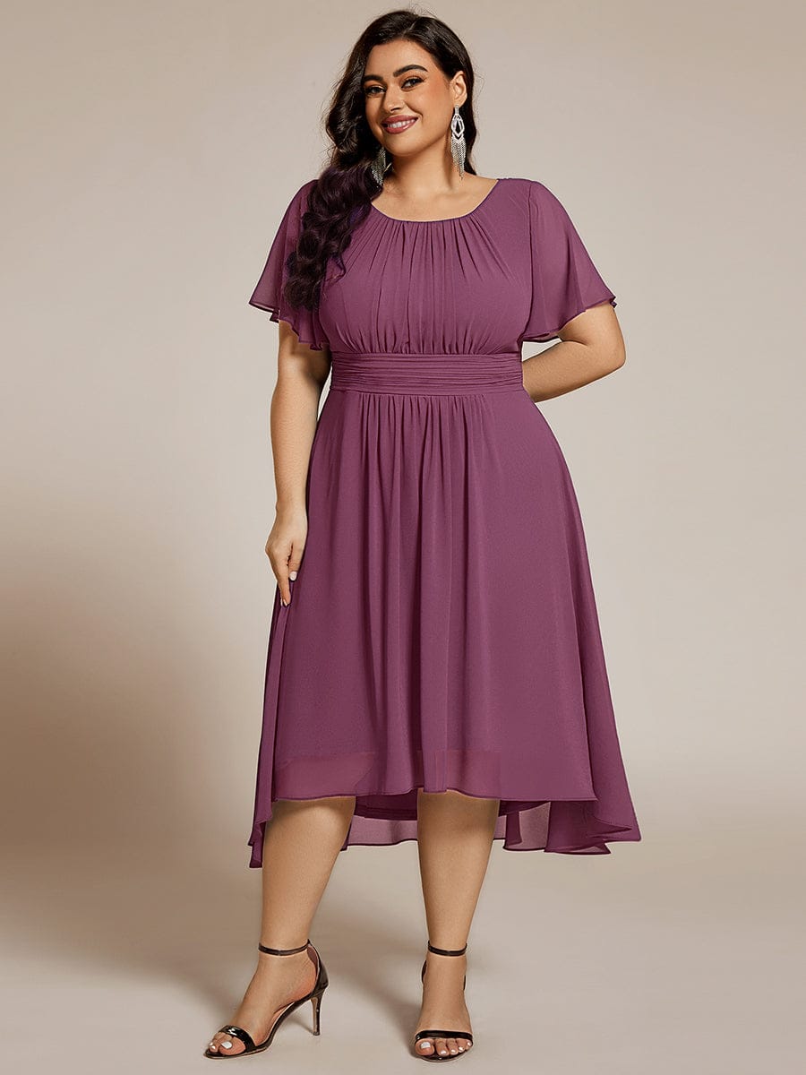 Plus Size Pleated Round Neckline A-Line Midi Chiffon Wedding Guest Dress #color_Damson