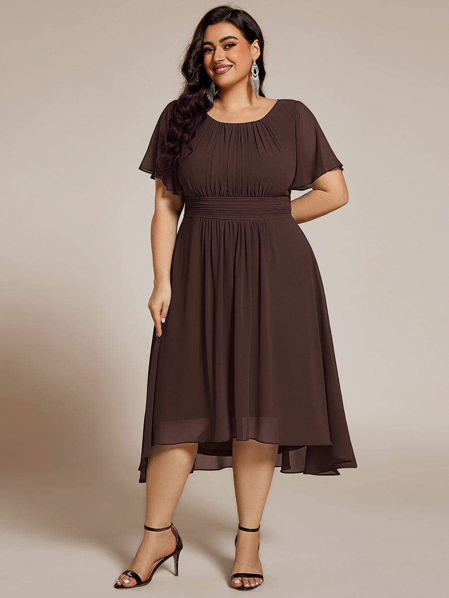 Plus Size Pleated Round Neckline A-Line Midi Chiffon Wedding Guest Dress #color_Espresso