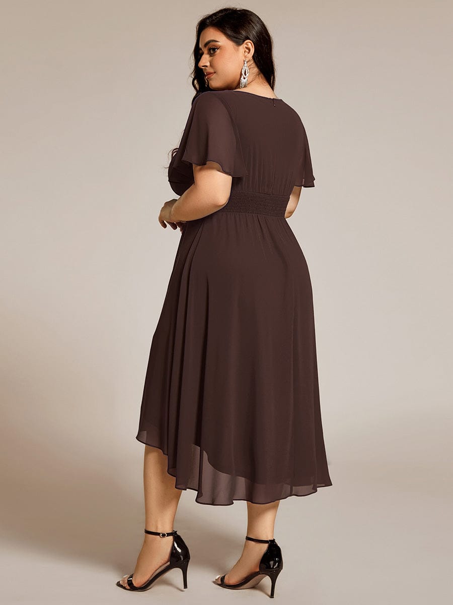 Plus Size Pleated Round Neckline A-Line Midi Chiffon Wedding Guest Dress #color_Espresso