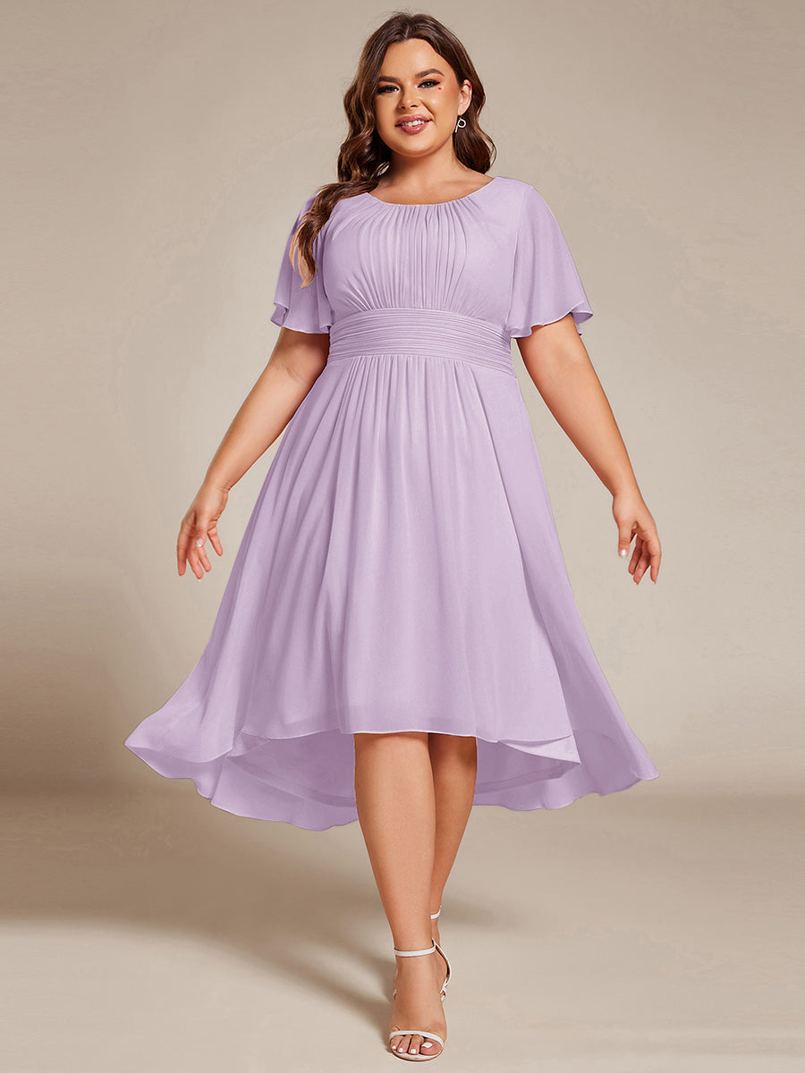 Plus Size Pleated Round Neckline A-Line Midi Chiffon Wedding Guest Dress #color_Frosted Lilac