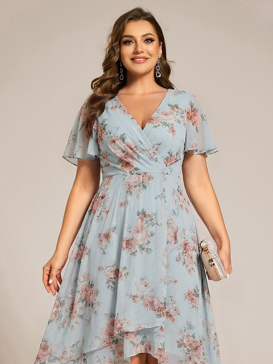 Plus Size Chiffon Short Sleeves Pleated V-Neck A-Line Midi Wedding Guest Dress #color_Amber Bloom