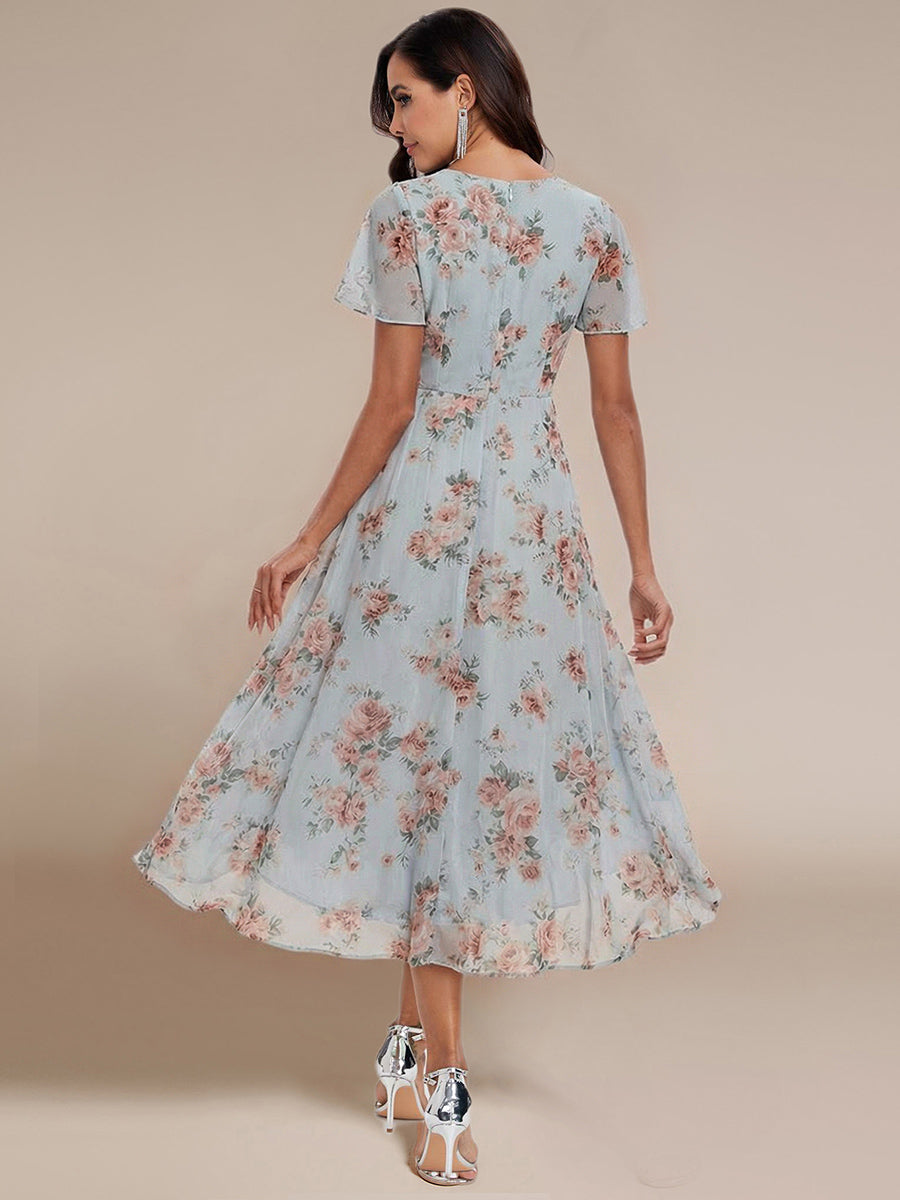 Deep V-Neck Chiffon Ruffle Sleeve Wedding Guest Dress #color_Amber Bloom