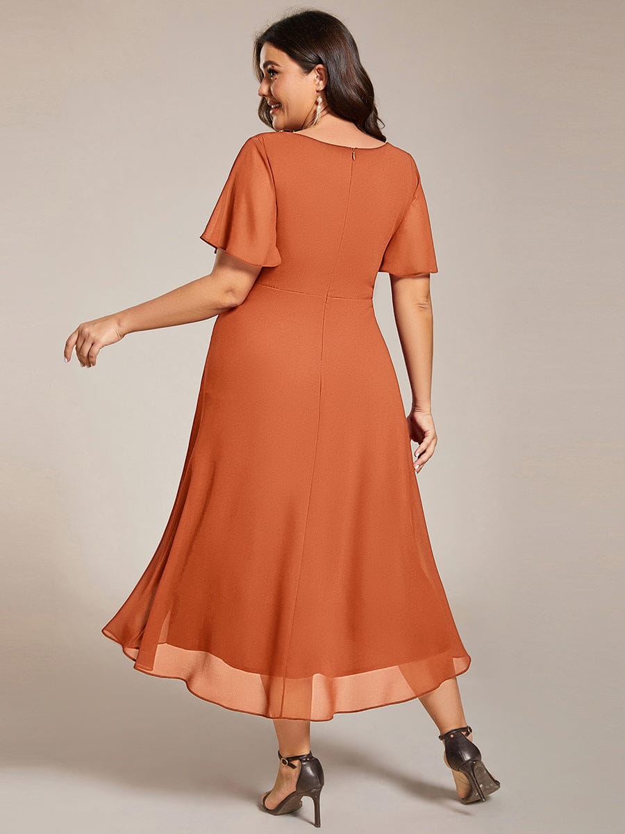 Plus Size Chiffon Short Sleeves Pleated V-Neck A-Line Midi Wedding Guest Dress  #color_Brandied Melon