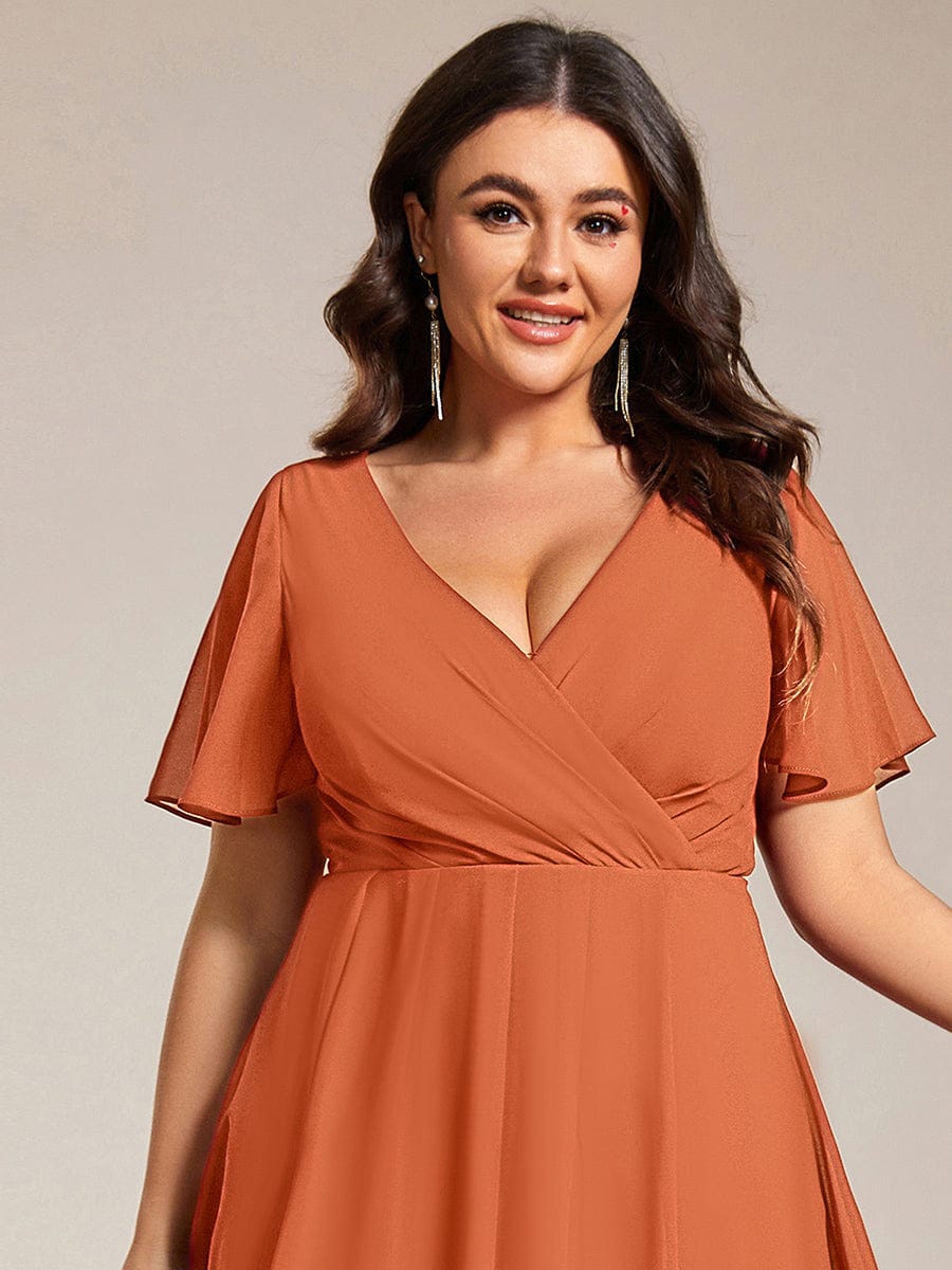 Plus Size Chiffon Short Sleeves Pleated V-Neck A-Line Midi Wedding Guest Dress  #color_Brandied Melon